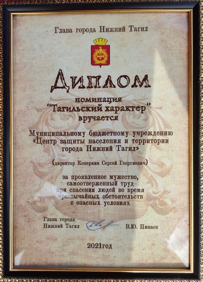 Диплом номинации "Тагильский характер" за проявленное мужество, самоотверженный труд при спасении людей во время чрезвычайных обстоятельств
